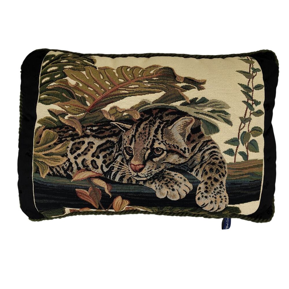 Vintage Ashford Court Jungle Cat Ocelot Leopard Safari Tapestry Pillow 24" x 15"